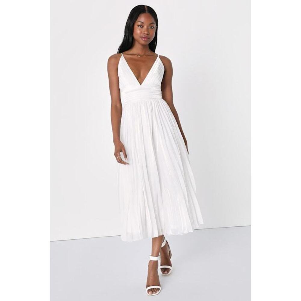 Lulus Romantic Aesthetic Shiny White Pleated Midi Dress - Size S